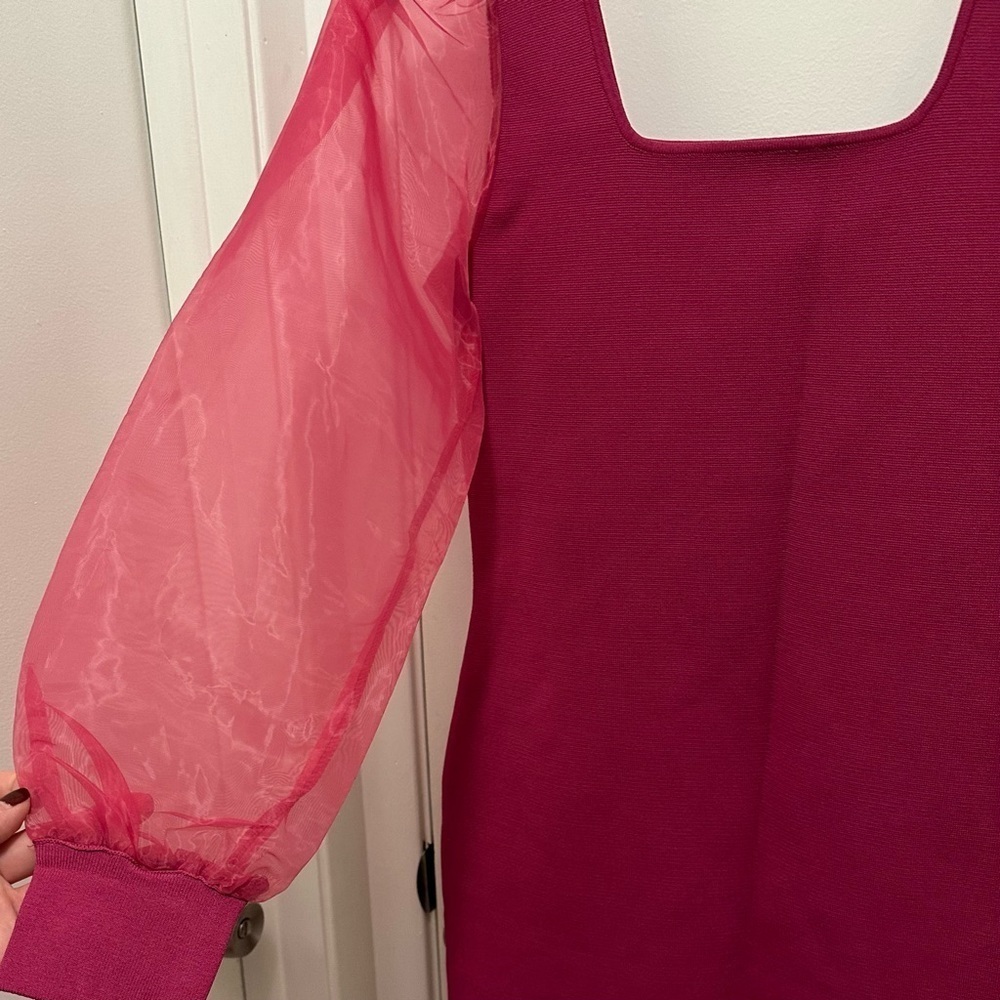 House of Harlow 1960 Fuchsia Corset Compression Knit Sheer Sleeves Mini Dress S - Picture 2 of 11